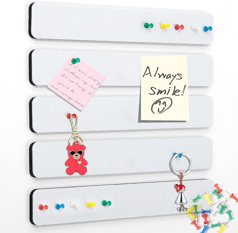 Arlasuo 5 Pack Felt Pin Board Bar Strips Bulletin Board for Bedrooms Offices Home Wall Decoration, Notice Board Self Adhesive Cork Board with 35 Push Pins for Paste Notes, Photos, Schedules (White) - Image 1
